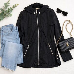 Karl Lagerfeld Paris Black Hooded Windbreaker Jacket Logo Tape Zip M Minimalist